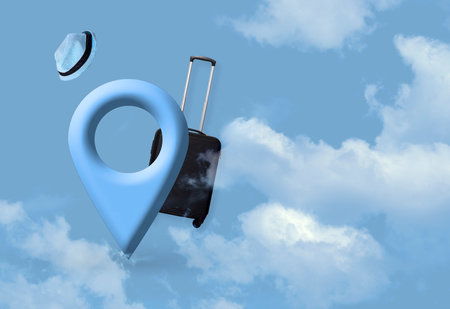 Map pin location 3D button with clouds, suitcase and hat on blue background, map pointer navigation conceptの写真素材