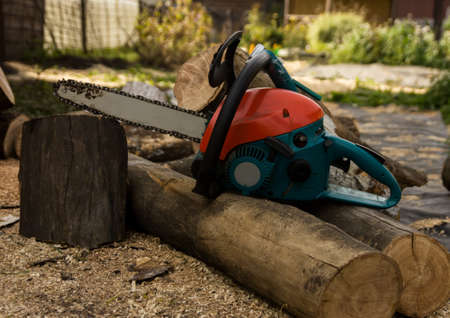 Lumberman using chainsaw sawing dry wood lying on ground.の写真素材