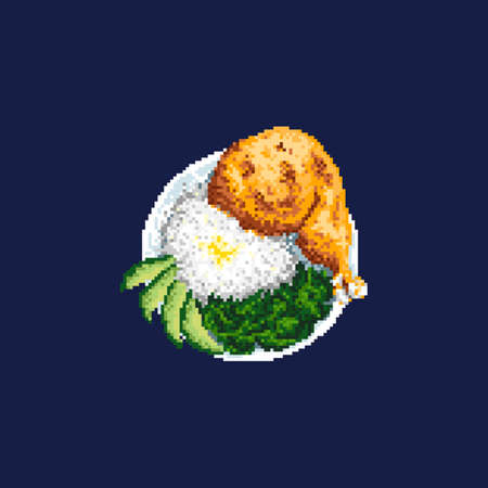 Pixel art food. Pixel food on a plate. Chicken leg with rice, avocado and salad on a plate.のイラスト素材