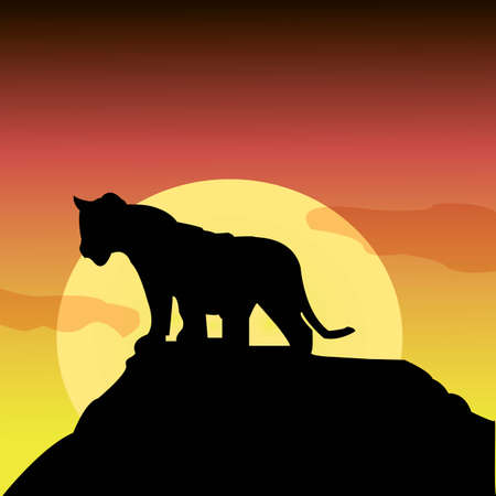 Illustration of a black silhouette of a lion on a rock.のイラスト素材