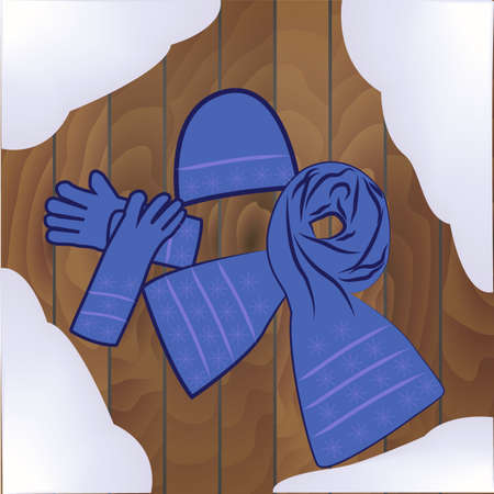 female hat scarf and gloves on a wooden textureのイラスト素材