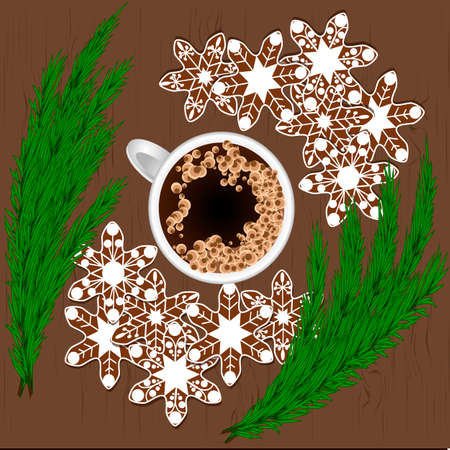Christmas cookies with a cup on a wooden illustration.のイラスト素材