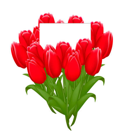Beautiful bouquet of tulips with a note inside. Greeting card to Women s Day isolated on white backgroundのイラスト素材