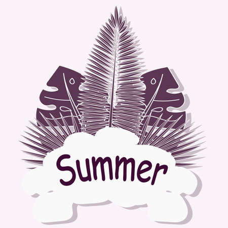 Advertising emblem with type design and tropical flowers and plants. Tropical paradise. Summer.