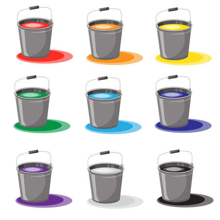 A set of buckets with paint. Spilled paint. Icons color.Isolated on white backgroundのイラスト素材