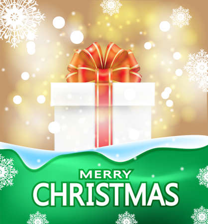 Christmas background with the words "Merry Christmas." Gift box with twinkling lights and reflections. Snow streaks on a green background. Festive banner. Vector illustrationsのイラスト素材