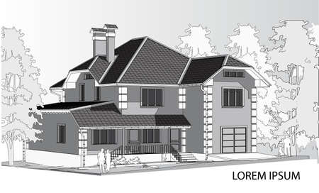 Vector drawing of a house in the future. The house with a slate roof. Drawing of a house. Architecture. Exterior. House. black and white vector illustration of a house.Advertise property. Bannerのイラスト素材