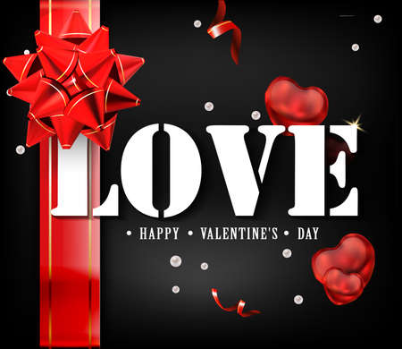 Love with red big bow on a black background with glow and glitter. A sign expressing love. White letters tied with ribbon. Beautiful luxury holiday background with 3D gold gift bow. Vector.のイラスト素材