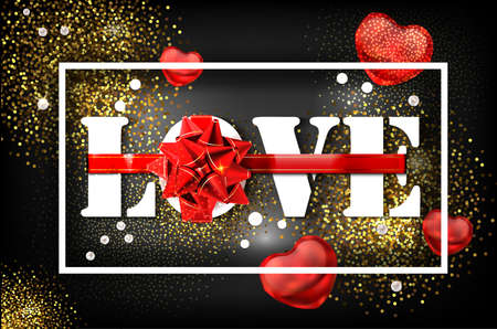 Love with red big bow on a black background with glow and glitter. A sign expressing love. White letters tied with ribbon. Greeting card for the holiday Valentine's Day. Vector banner, 10 EPS.のイラスト素材