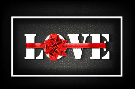 Love with red big bow on a black background with glow and glitter. A sign expressing love. Black letters tied with ribbon. Greeting card for the holiday Valentine's Dayのイラスト素材