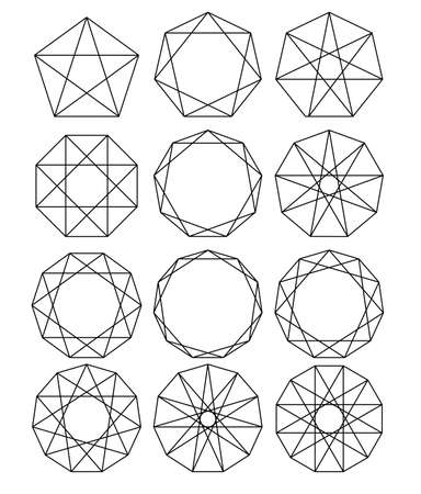 Set of geometric shapes. Sacred Geometry. lines crossing the polygon inscribed in a circle. White lines on a black background. Outline Mandala frames. Crystal form. Vector illustrations.のイラスト素材