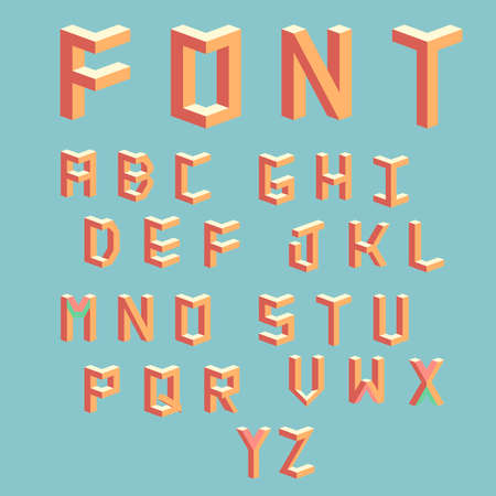 Memphis style letters. Colored letters in the style of the 80s. Set of vector letters constructed on the basis of the isometric view. Geometric font. Vector illustration 10 eps.のイラスト素材