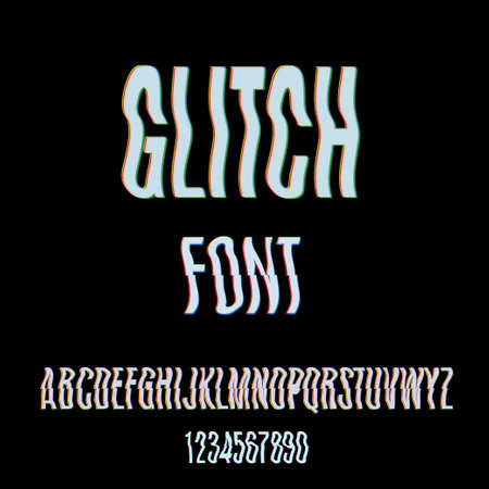 Glitch font with distortion effect. Digital decay. Corrupted image vector file. Letters and numbers vector illustration. Glitch in image processing. Television Screen Digital Effect Alphabet. Vector .のイラスト素材