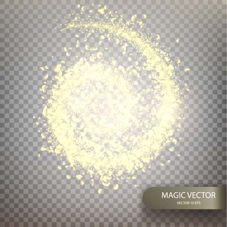 Magic vector luminous background. Golden glittering star dust trail. Shine particles isolated on transparent background. Dust cloud with glow light.のイラスト素材
