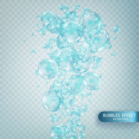 Water bubbles isolated on a transparent checkered background. Fizzy sparkles in aquarium, champagne, soda drink. Iridescent soap bubbles with reflex and reflection, realistic vector effectのイラスト素材