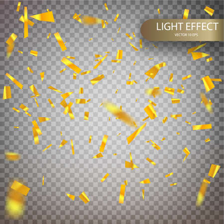 Golden confetti falls isolated. Vector Festive Illustration of Falling Shiny Confetti Glitters Isolated on Transparent Checkered Background. Holiday Decorative. Vector illustration.のイラスト素材