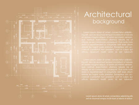 Architectural background with the effect of the age of the drawing. drawing white lines. House plan. Brochure. Banner with space for writing Architectural drawing. Disposition of the apartment houseのイラスト素材
