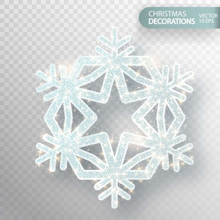 Christmas decoration. Glass snowflake on a transparent background. Isolated Big snowflake. Silvery flicker of particles and magic flicker. The effect of frozen snow. Vector illustration 10 EPSのイラスト素材