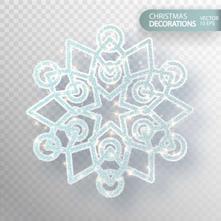 Christmas decoration. Glass snowflake on a transparent background. Isolated Big snowflake. Silvery flicker of particles and magic flicker. The effect of frozen snow. Vector illustration 10 EPSのイラスト素材