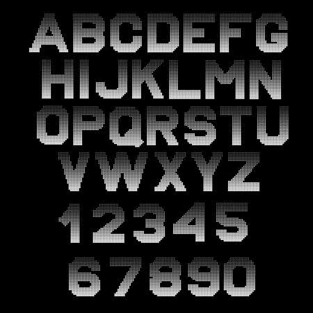 Letters halftone effect .Dotted font vector illustration. Retro 70s and 80s dots in black and white alphabets. Monochrome pattern letters. Isolated vector objectのイラスト素材