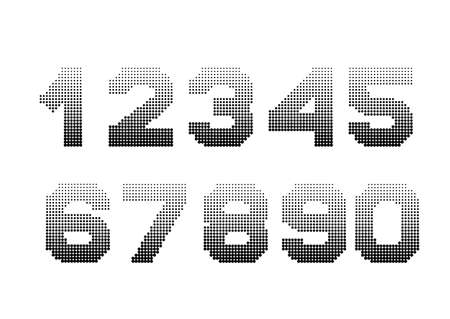 Halftone effect numbers . Dotted font vector illustration. Retro 70s and 80s font dots in black and white. Monochrome pattern letters. Isolated vector objectのイラスト素材