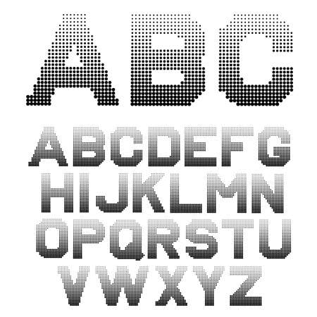 Letters halftone effect .Dotted font vector illustration. Retro 70s and 80s dots in black and white alphabets. Monochrome pattern letters. Isolated vector objectのイラスト素材