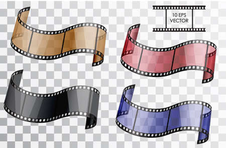 Realistic 3D film. Curved film. Isolated object on a transparent background. Vector illustration.  A set of a film in different colors blue, red, brown, black.のイラスト素材