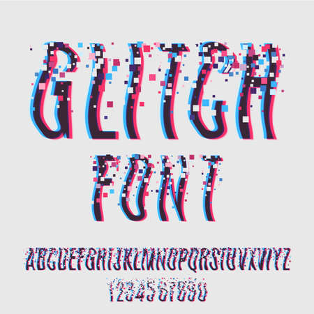 Glitch font with distortion stereoscopic effect. Digital decay. Corrupted image vector file. Letters and numbers vector illustration. Glitch in image processing. Digital Effect Alphabet. Vectorのイラスト素材