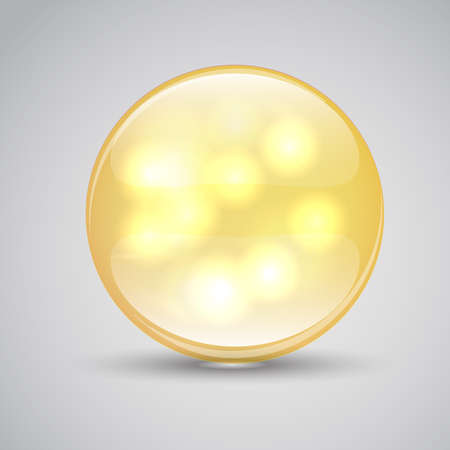 Vitamin A. Vitamin A capsule. Pills of vitamin A. Collagen Serum and Vitamin. Vitamin icon Label Concept. Logo. Sphere with shimmering reflections inside isolated on a gray backgroundのイラスト素材