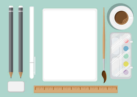 Table top view of the artist s flat. Desk with a clean sheet of paper. paints, crayons, kistochnoy, a cup of coffee and an eraser. drawing process. The concept of creating a masterpiece.のイラスト素材