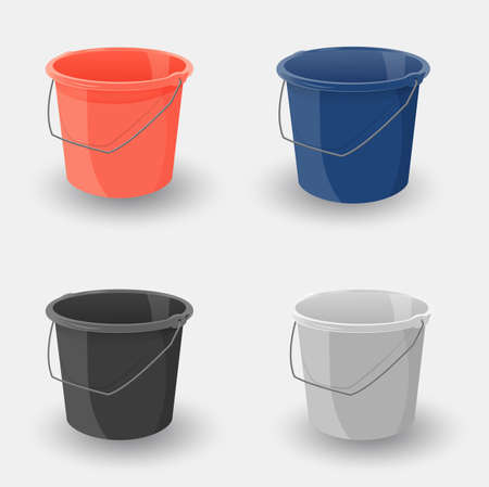 Set of colored buckets. Realistic vector object. Plastic bucket for garden, home, cleaning and water. Set for Home Renovation and Interior Design. Vector illustrationのイラスト素材