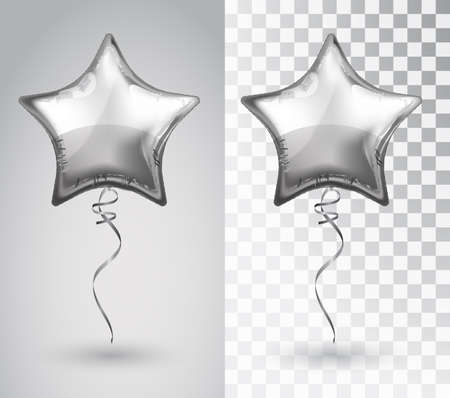 Star silver balloon on transparent background. Party balloons event design decoration. Balloons isolated air. Mockup for balloon print. Stocking Christmas decorations. Vector isolated object.のイラスト素材
