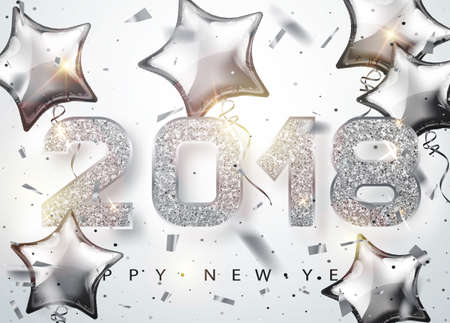 2018 Happy new year. Silver Numbers Design with star shaped balloons of greeting card. Silver Shining Pattern. Happy New Year Banner with 2018 Numbers on Bright Background. Vector illustrator 10 eps.のイラスト素材
