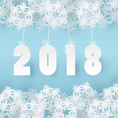 2018 Happy New Year background with 3d paper craft snowflakes. Papercraft numbers Design of greeting card. Happy New Year Banner with 2018 Numbers. Vector illustration EPS10のイラスト素材