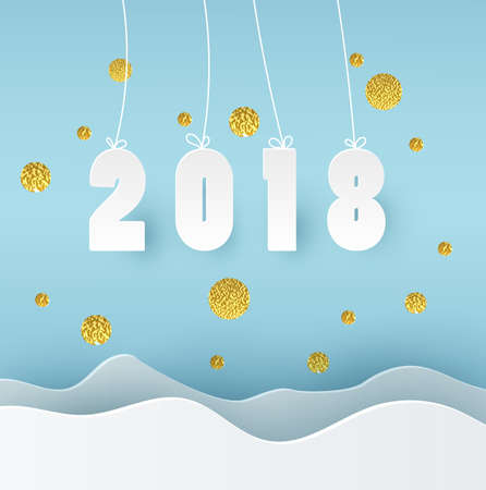 2018 Happy New Year blue background with golden sprays. Papercraft numbers design of greeting card. Banner for holiday with 2018 Numbers. Vector illustration EPS10のイラスト素材