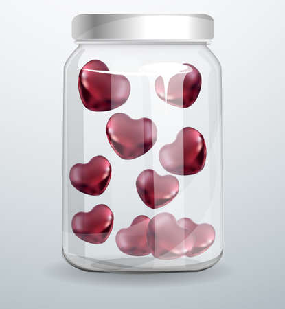 Love bottle jar with pink hearts inside. Realistic 3D metallic symbol of love inside the glass. A lot of red hearts in the glass object. Vector illustration on white background.のイラスト素材