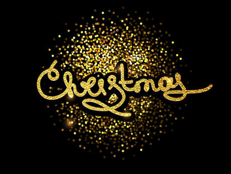Merry Christmas lettering greeting card for holiday. Decoration ornament with with snowflake pattern. Golden confetti falls. Calligraphy Christmas lettering.のイラスト素材