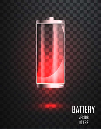 Low battery. Battery charging status indicator. Glass realistic power battery illustration on transparent background. Full charge total discharge. Charge status. Vector.のイラスト素材