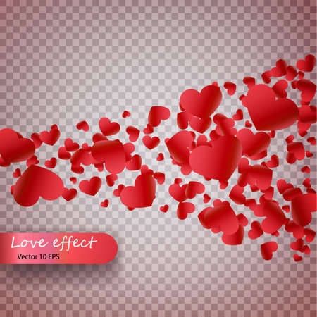 Heart confetti of Valentines petals falling on transparent background. Valentines Day background of red hearts petals falling. Decor element for greeting cards. Transparent vector effect.のイラスト素材