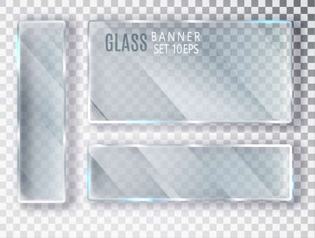 Glass transparent banners set. Vector glass plates with a place for inscriptions isolated on transparent background. Flat glass. Realistic 3D design.のイラスト素材