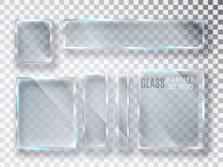 Glass transparent plates set. Vector glass modern banners isolated on transparent background. Flat glass. Realistic 3D design.のイラスト素材