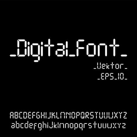 Digital font. Alarm clock letters. Numbers and letters set for a digital watch and other electronic devices. Vector alphabet isolated.のイラスト素材