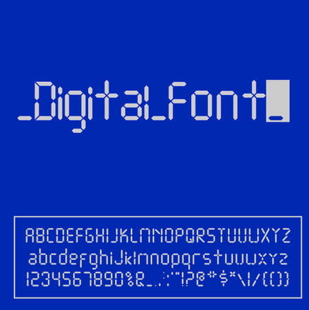 Digital font. Alarm clock letters isolated on blue background. Numbers and letters set for a digital watch and other electronic devices. Vector alphabet isolated.のイラスト素材