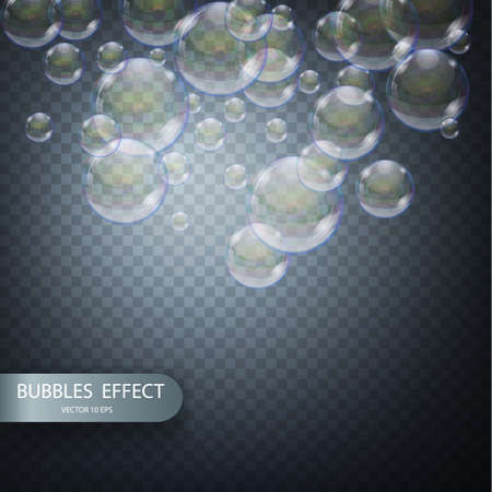 Water bubbles isolated on a transparent checkered background. Vector realistic effect template. Iridescent soap bubbles.のイラスト素材