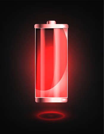 Low battery on Battery charging status indicator. Glass realistic power battery illustration on black background. Full charge total discharge.のイラスト素材