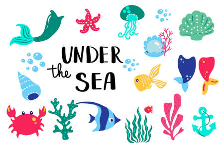 Under sea lettering with images of fish, jelly fish, seashell, seaweed and a crabのイラスト素材
