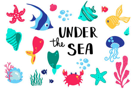 Summer lettering. Set hand drawn icons, signs and banners. Bright summertime poster. Collection Summer hand drawn elements for summer holiday and party. Summer Typographic. Vector illustrationのイラスト素材