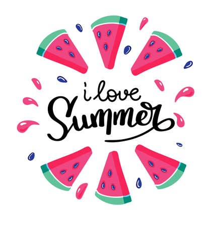 I love Summer letting handwriting quote and watermelon. Emotional print with watermelon hand writing quote. Vector illustration with slices of watermelons.のイラスト素材