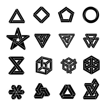 Set of impossible shapes. Optical Illusion. Vector Illustration isolated on white. Sacred geometry. White shapes on a black background.のイラスト素材