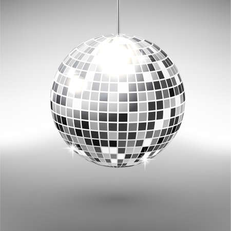 Disco ball isolated on grayscale background. Night Club party light element. Bright mirror silver ball design for disco dance club. Vector illustration.のイラスト素材